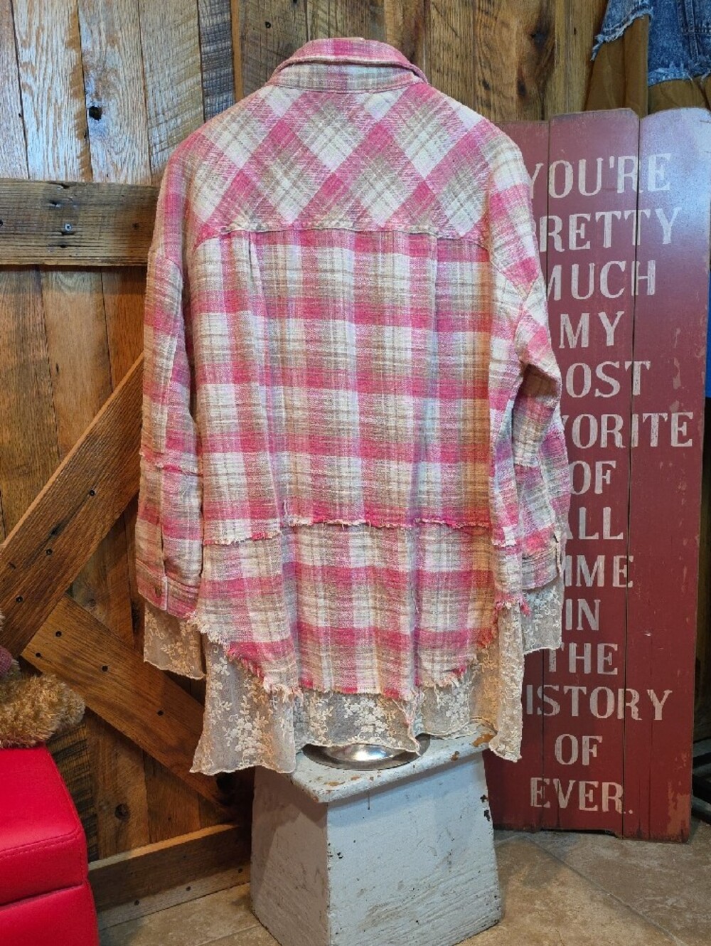 100p Oli & Hali Pink and Cream Plaid Button-Up  with Lace Trim - Picture 15 of 15
